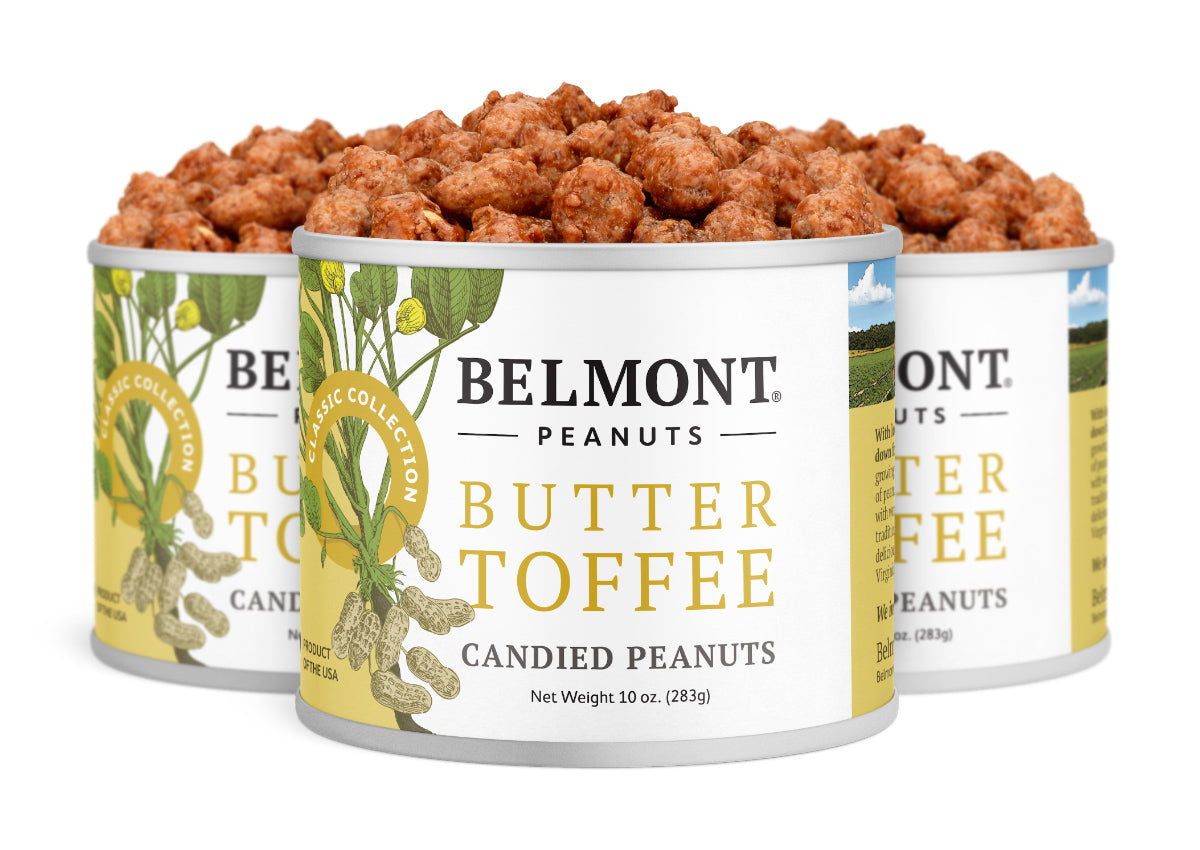 Three cans of Butter Toffee are shown, each filled to the top and featuring a yellow and green label with peanut plant illustrations, highlighting their irresistible sweet candy flavor and buttery coating.