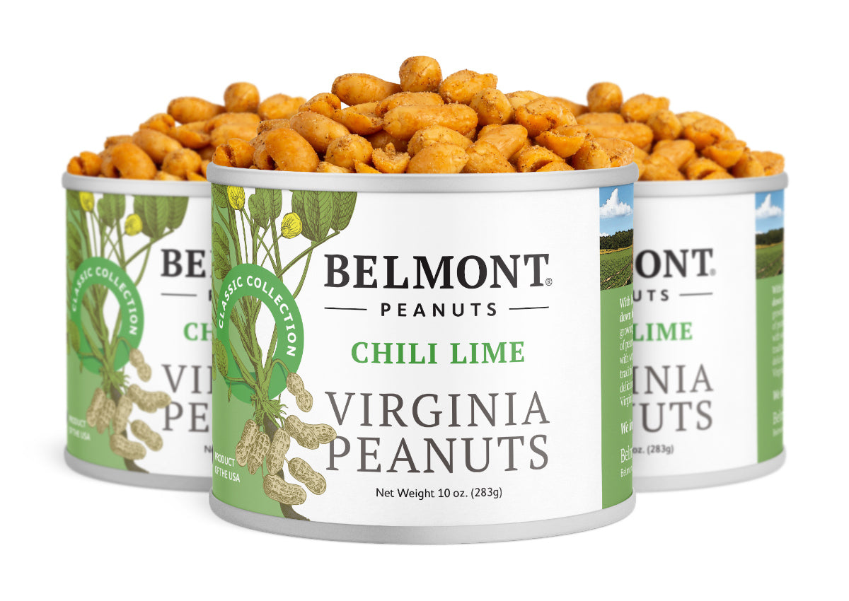 Three cans of Belmont Peanuts Chili Lime Gourmet Virginia Peanuts are shown. The green and white label features peanut images, highlighting these bold, protein-packed snacks.