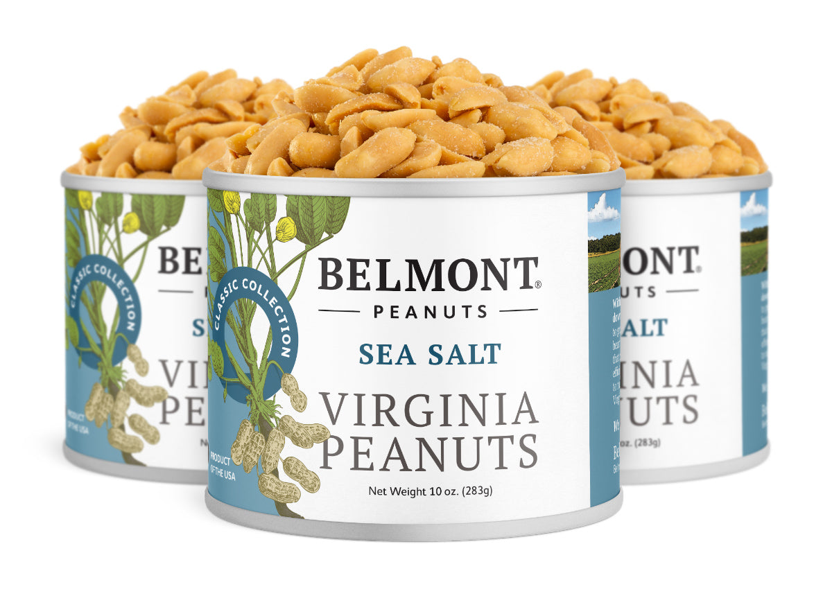 Three cans of Sea Salt peanuts are displayed, one upfront and two behind. The open cans, filled with gourmet peanuts, have blue and white labels decorated with peanut plant images.