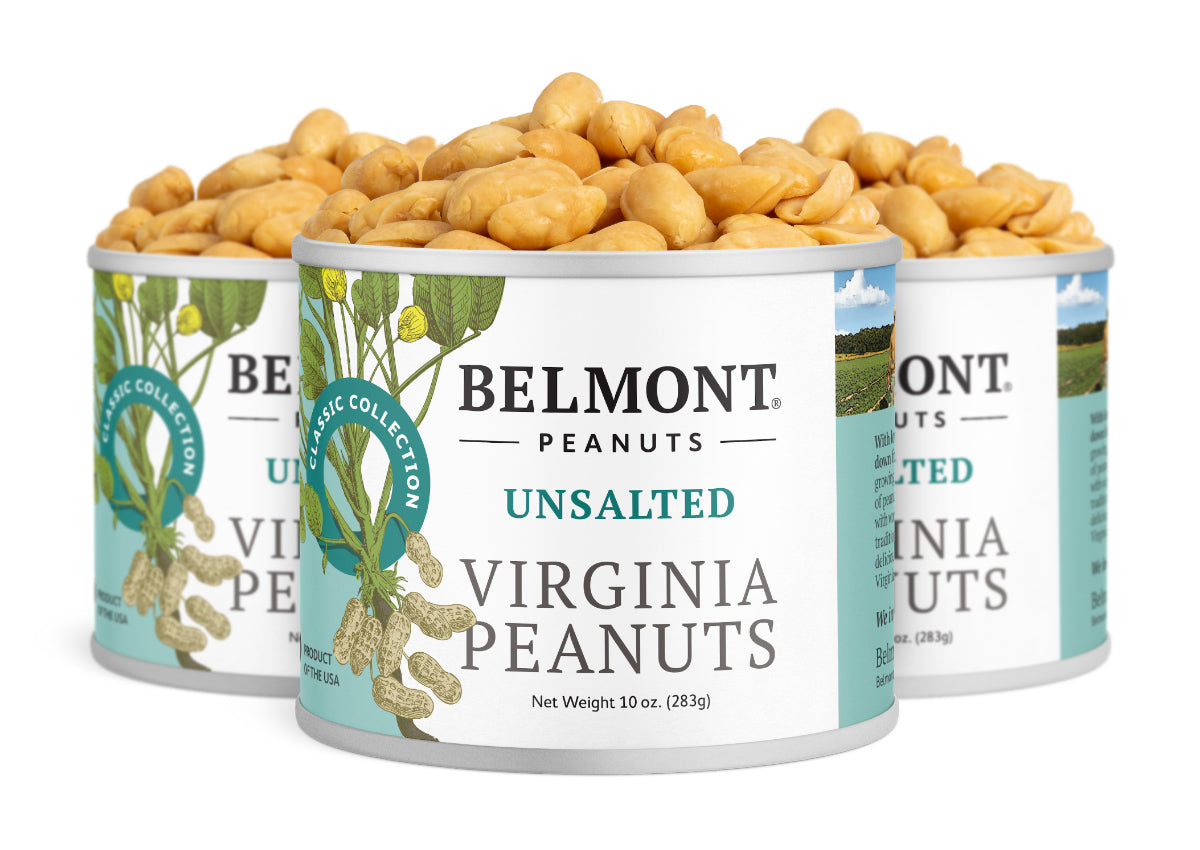 Three cans of Belmont Unsalted Virginia Peanuts are displayed, each labeled "Unsalted" with peanut plant illustrations. The cans are filled to the top with premium peanuts and feature a "no salt added" message.