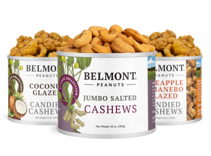 Three cans from the Cashew Sampler Pack are displayed: Jumbo Salted Cashews in front, with Coconut Glazed Cashews and Pineapple Habanero Glazed Cashews behind—perfect for sampling unique flavors.
