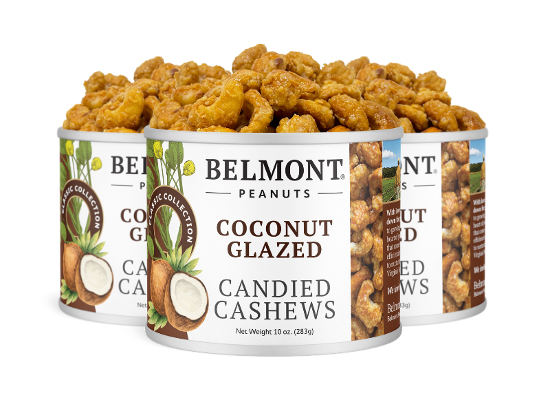 Set of three Coconut Glazed Candied Cashews cans, filled with premium coconut-glazed cashews. Each can features bright white labels with images of coconuts and cashews.