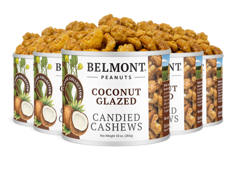 Five cans of Coconut Glazed Candied Cashews are displayed in a staggered row. The labels feature cashew and coconut images, emphasizing the irresistible flavor of these premium candied cashews.