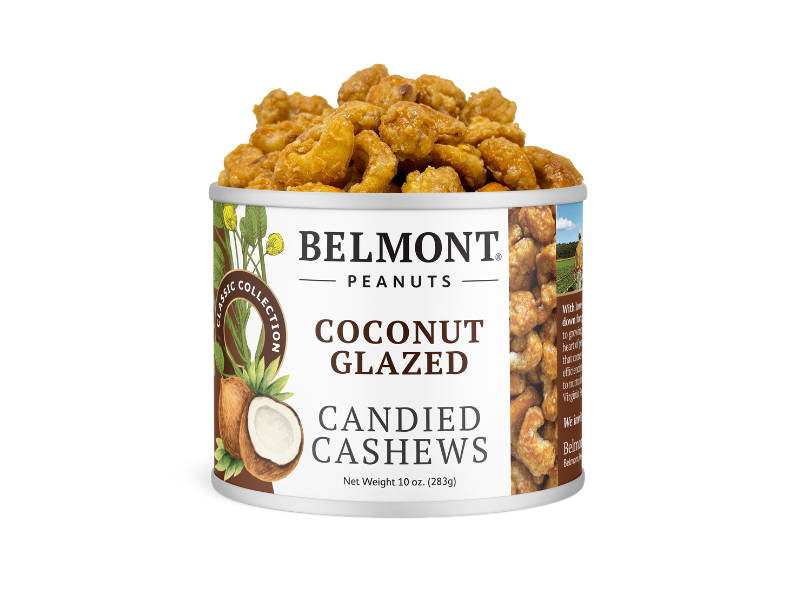 A can from the Cashew Sampler Pack (10 oz) features cashew and coconut art on the label, with candied cashews overflowing—a tasty choice for those who love flavored cashews or want to upgrade any sampler collection.