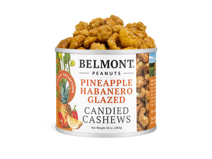 An open can from the Cashew Sampler Pack, labeled with pineapples, habanero peppers, and nuts, reveals flavorful Pineapple Habanero candied cashews inside—an ideal addition to any sampler collection.