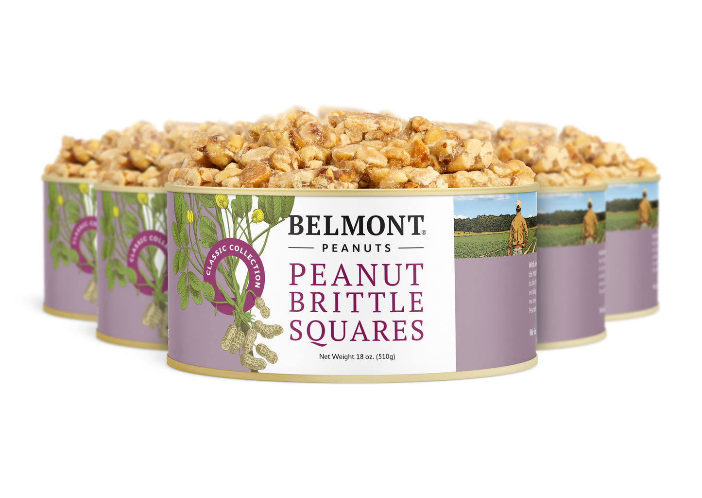 Four cans of Belmont Peanuts Peanut Brittle Squares, each with a purple label featuring peanuts, the product name, and a person in a peanut field, are arranged in a row—ideal for enjoying as a sweet snack or bite-size candy.