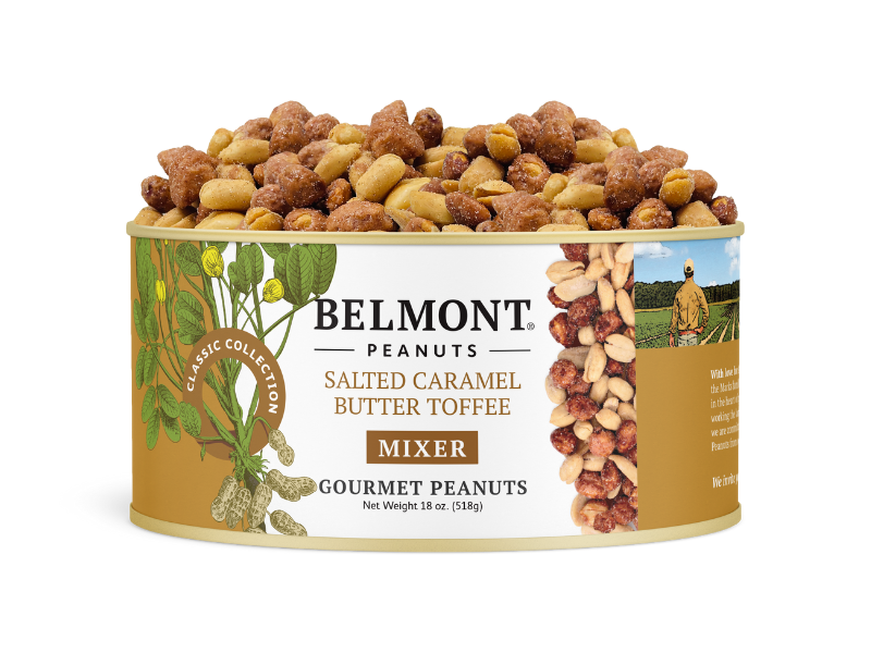 A can of Salted Caramel Butter Toffee Mixer, packed with Virginia peanuts coated in buttery toffee. The label shows gourmet peanuts and a farmer standing in a field.