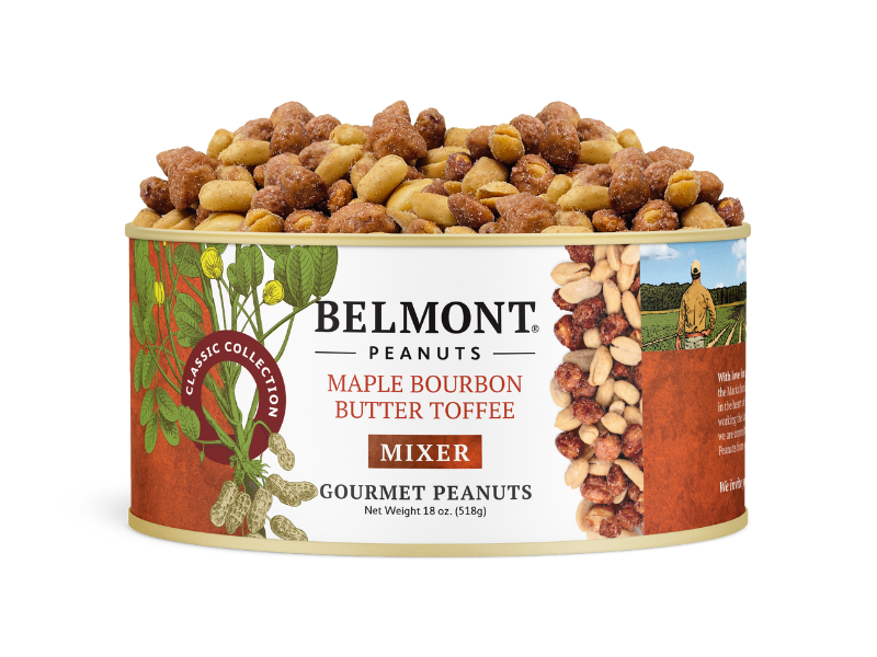 A can of Butter Toffee Peanuts Sampler is filled with gourmet peanuts. The label features nut illustrations, a farmer image, and text highlighting the classic collection.