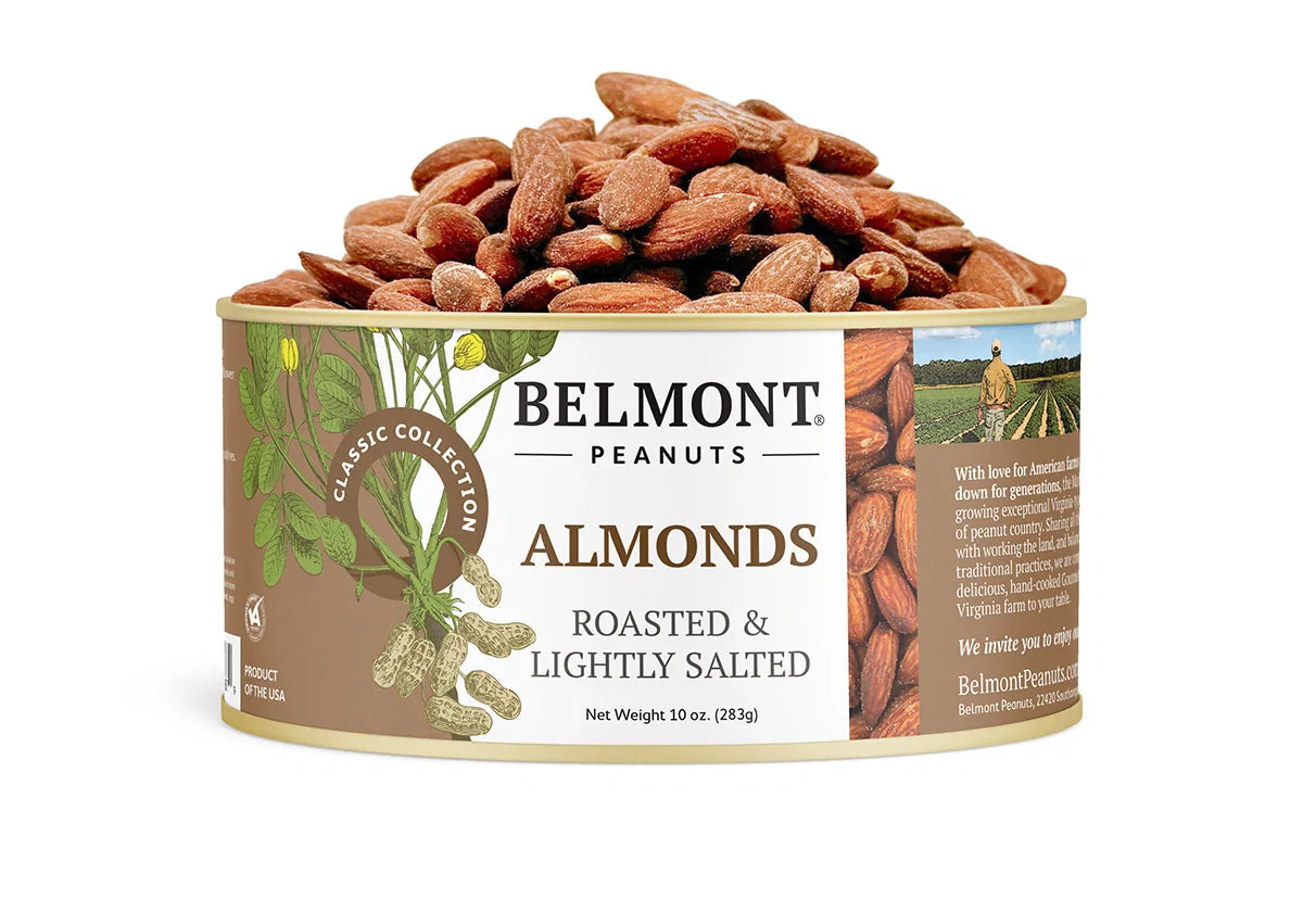 A can of Almonds, lightly salted for a perfect crunch. Part of the Classic Collection, the can is filled with snack almonds and displays appealing almond illustrations alongside key product details.