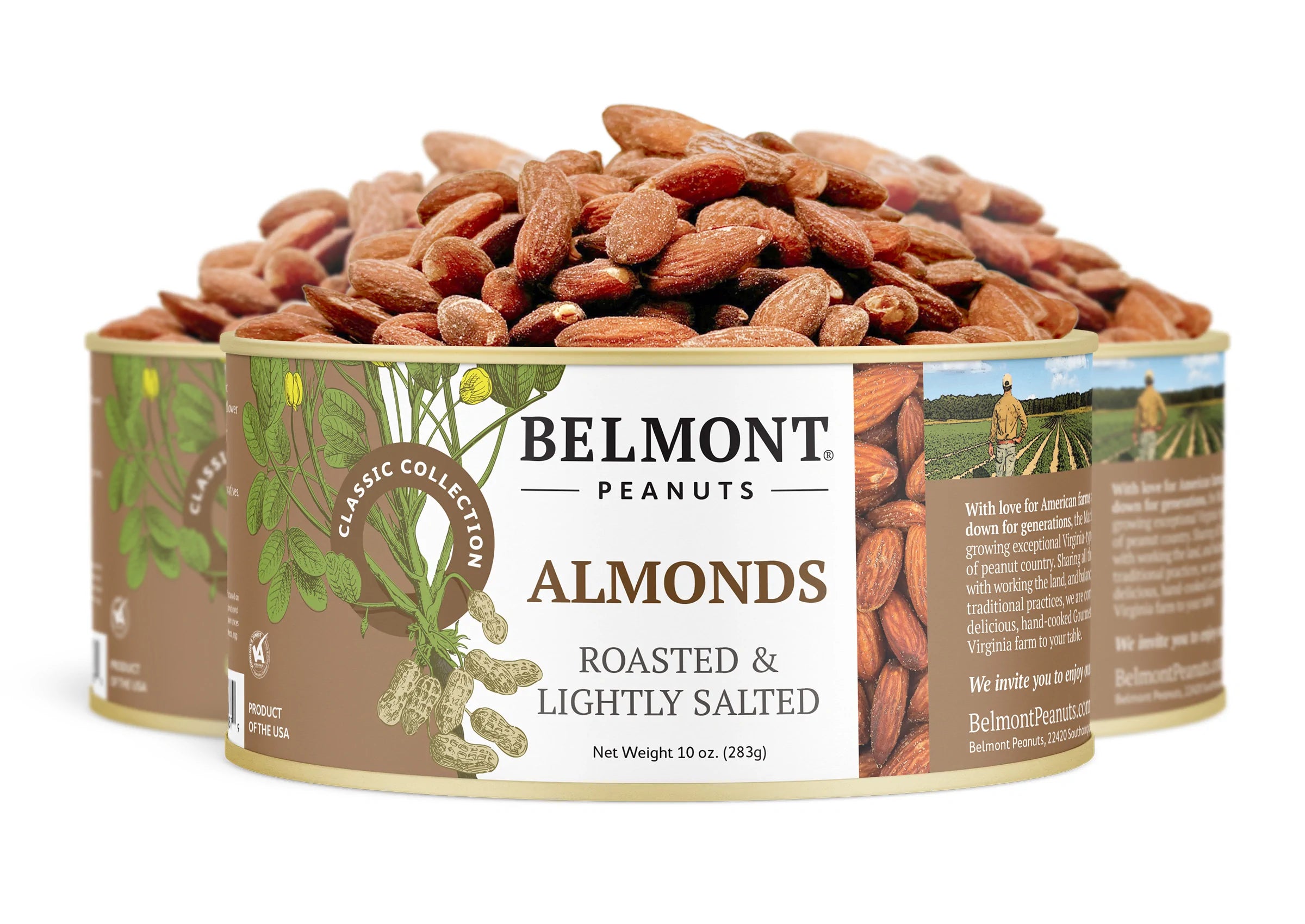 Three cans of Almonds, roasted and lightly salted for the perfect crunch, overflowing with snack almonds. The green and brown labels feature nut illustrations and brand details.