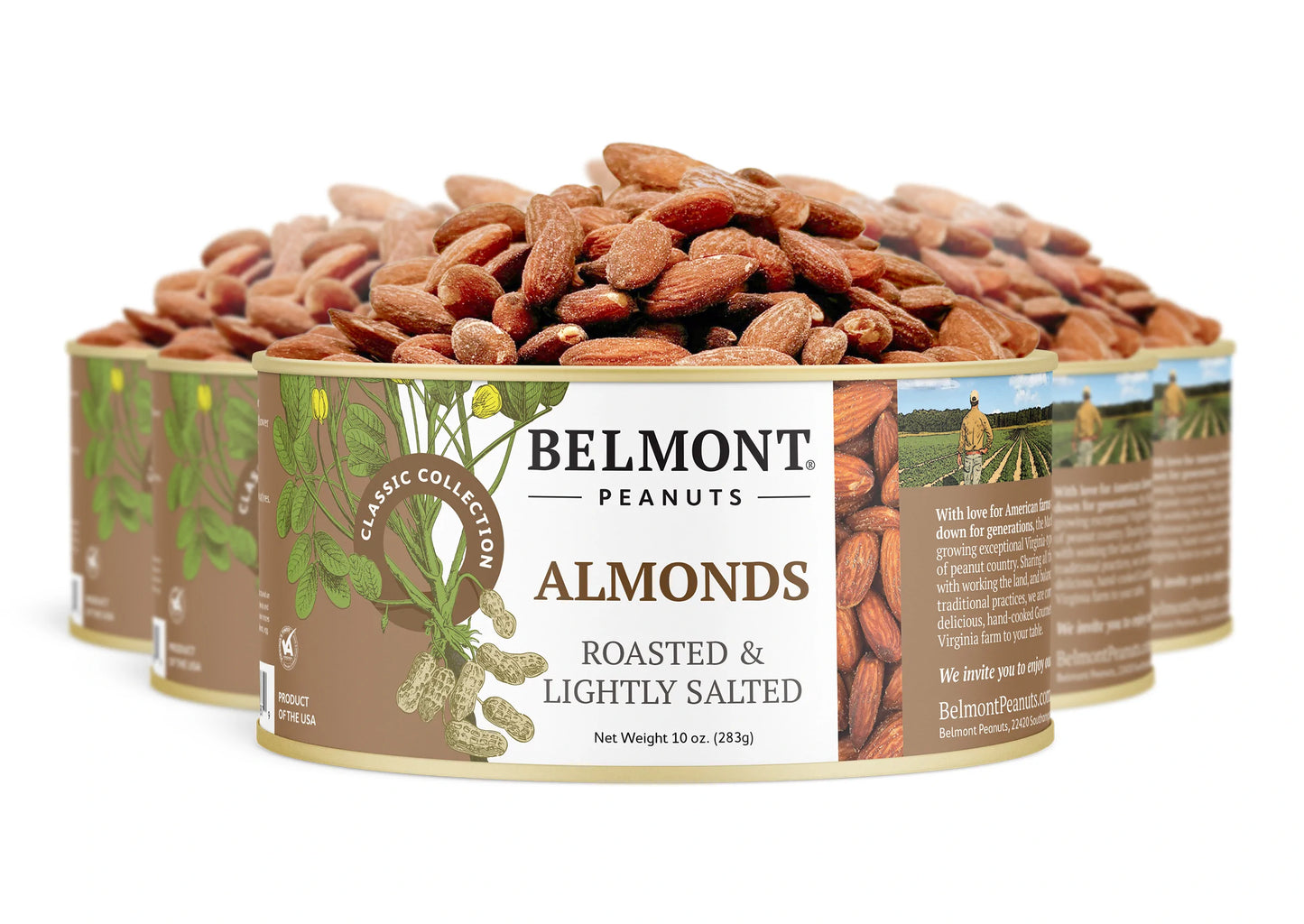 Three cans of Almonds are stacked, with the front can featuring whole roasted almonds. The cans display a brown and green design, highlighting this delicious snack.