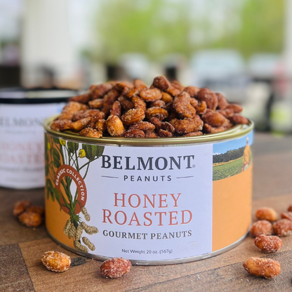 An open can of Honey Roasted peanuts displays sugared jumbo peanuts, some scattered on a wooden surface, with the vibrant label contrasting against a blurred outdoor background.