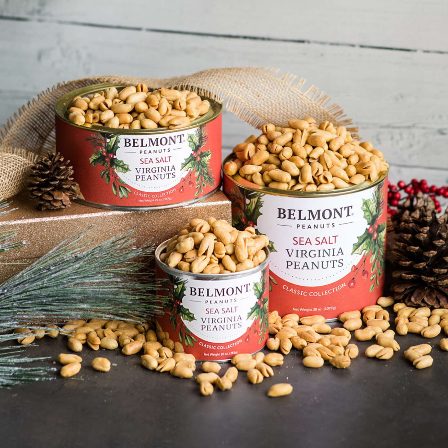 A Belmont 38 oz. 4-Pack Holiday Sea Salt Peanuts set is displayed on a rustic wooden surface with pinecones, red berries, and festive decorations nearby.