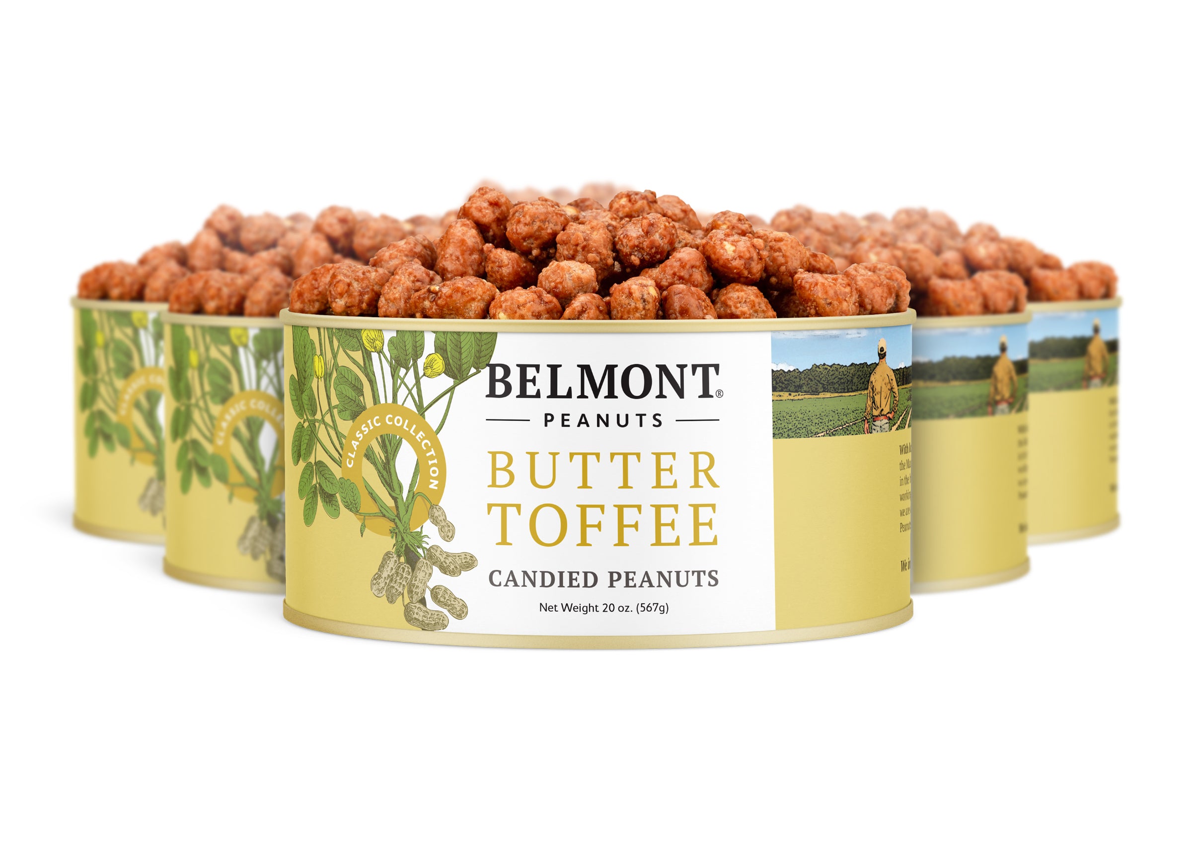 Four tins of Butter Toffee are arranged in a staggered row, with the front tin displaying its label and sweet, candy-coated peanuts overflowing from each container.