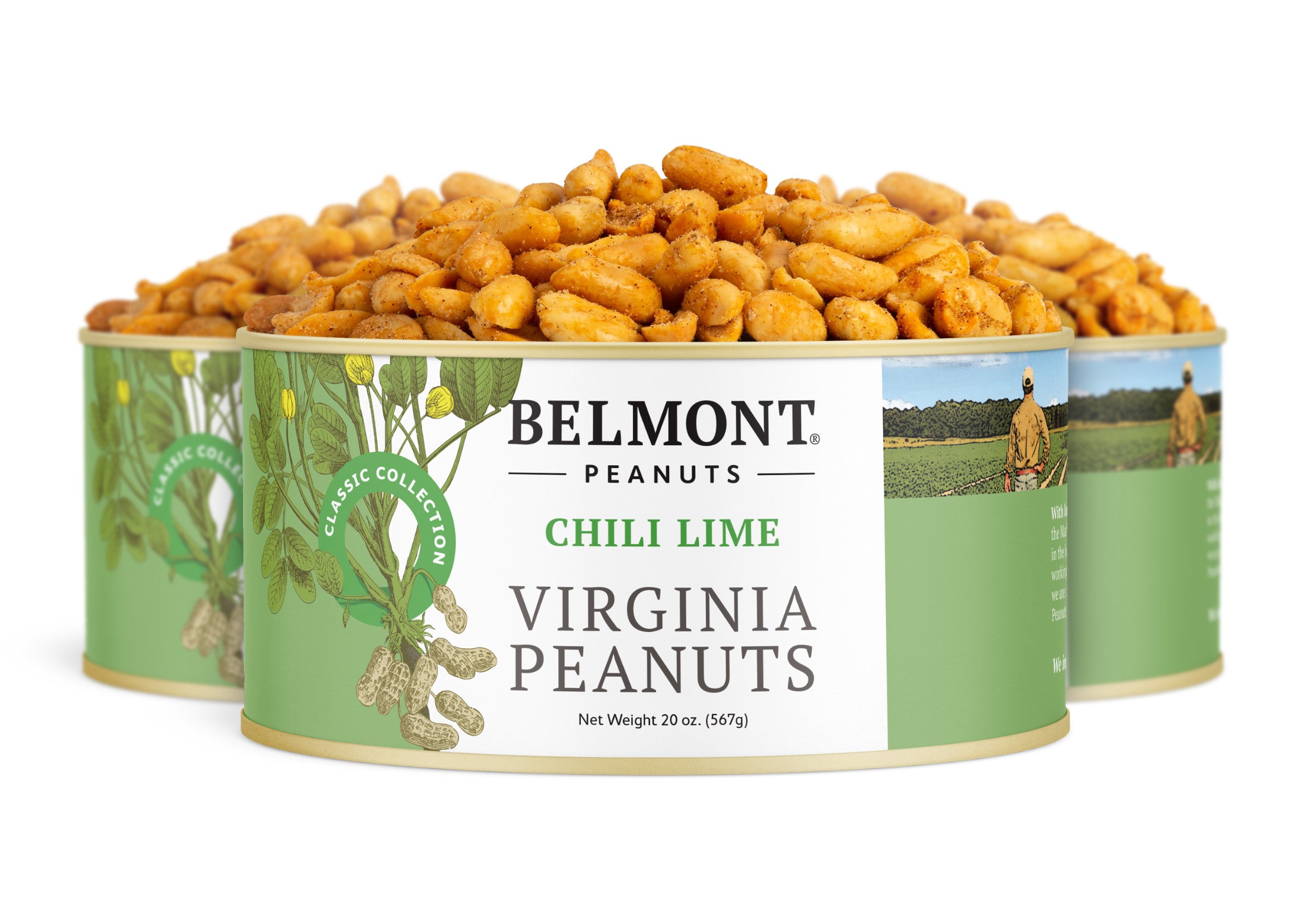 Three tins of Chili Lime peanuts offer zesty protein snacks. The green-labeled tins display peanut plant images, a farmer, and "Classic Collection" on the side.