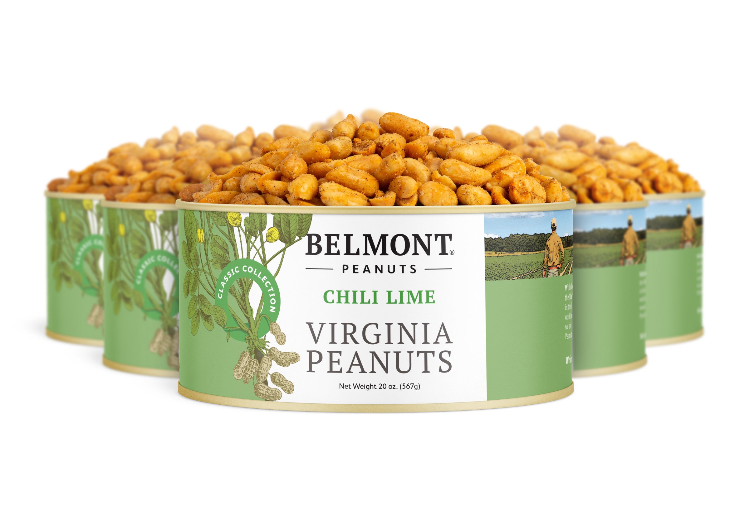 Four cans of Chili Lime peanuts are arranged in a semi-circle, with the front can open and spilling out seasoned snacks. The green-accented label highlights peanut plants and the product name, Chili Lime.