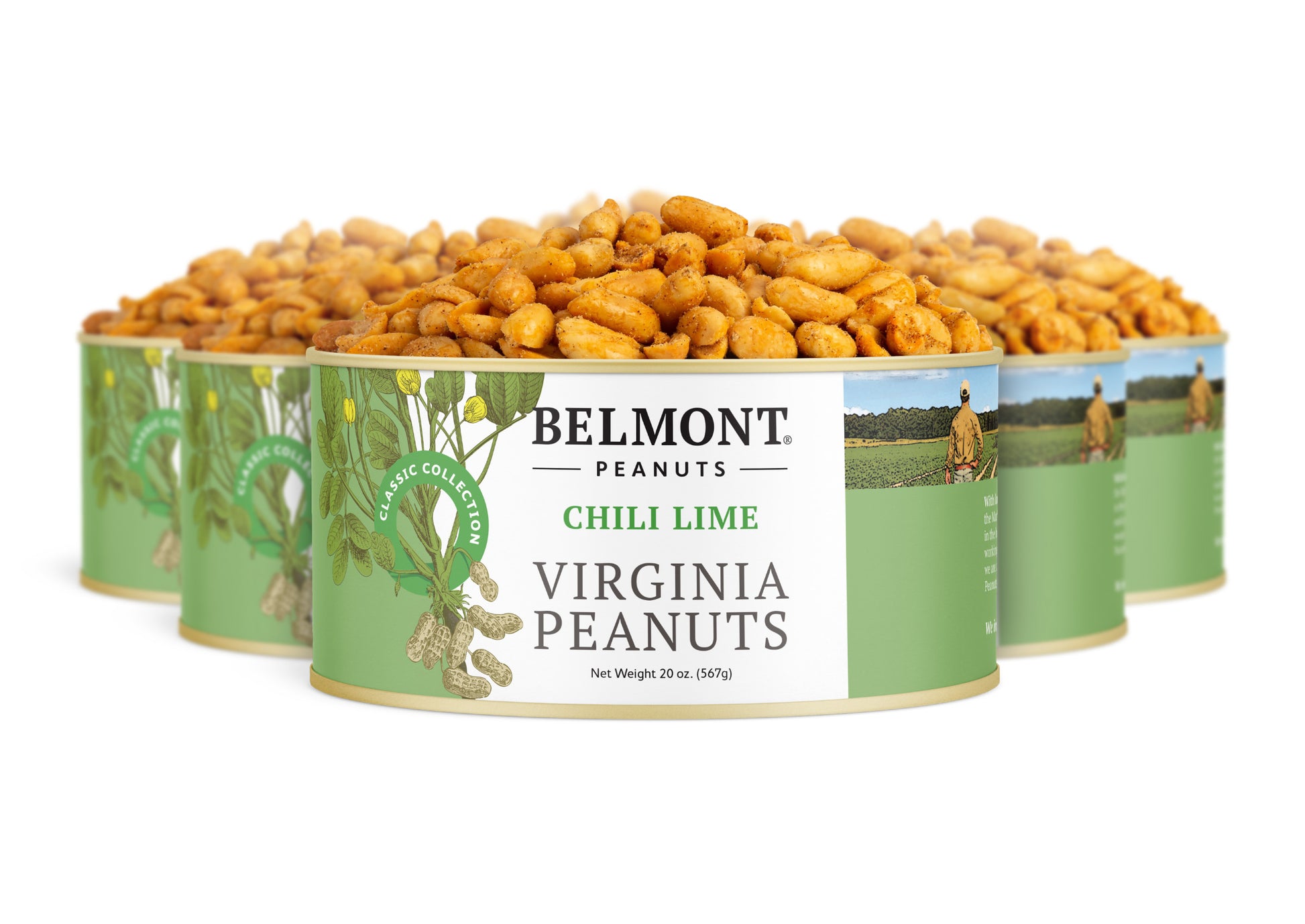 Four cans of Chili Lime peanuts are arranged in a semi-circle, with the front can open and spilling out seasoned snacks. The green-accented label highlights peanut plants and the product name, Chili Lime.