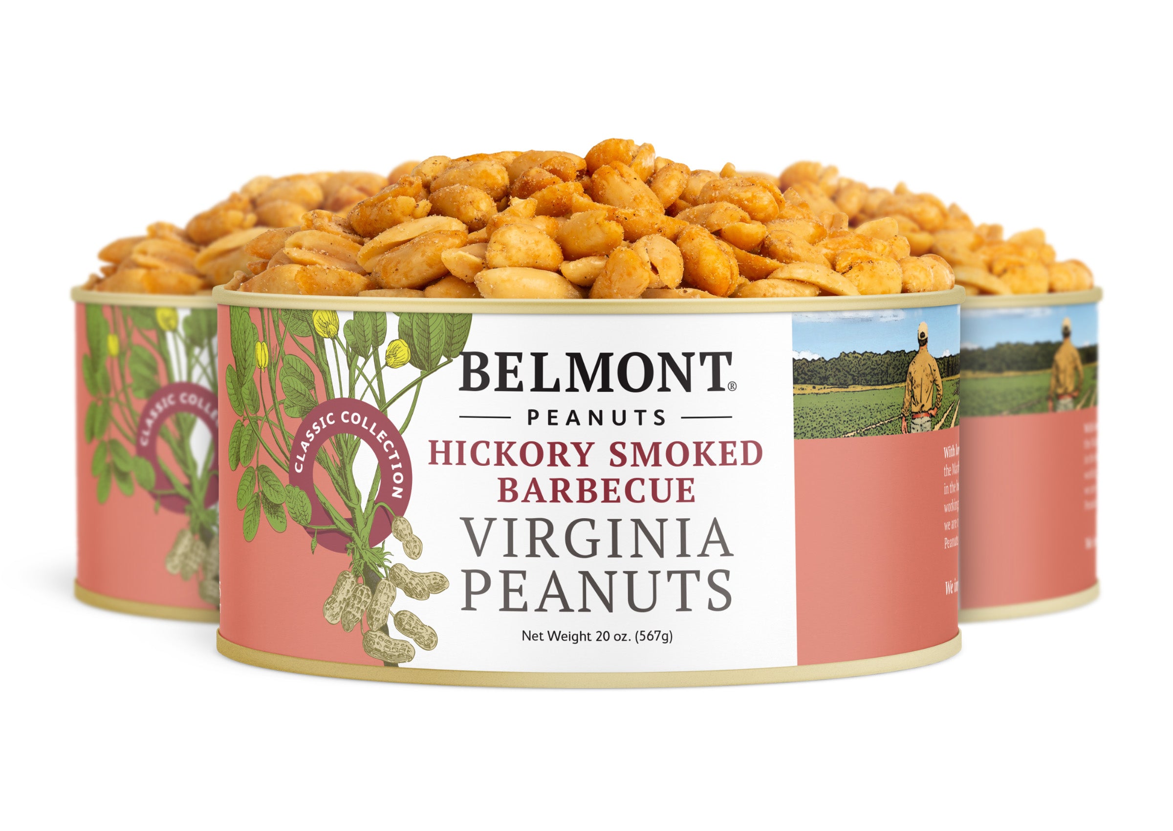 Three cans of Hickory Smoked BBQ Virginia Peanuts are arranged in a row, filled to the top. The red and tan cans feature illustrations of peanuts and a person standing in a field.
