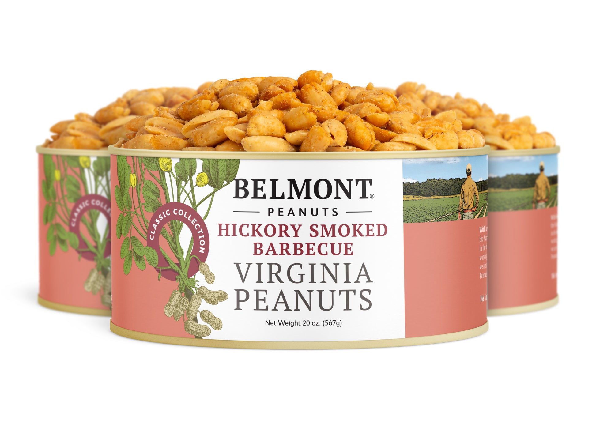 Three cans of Hickory Smoked BBQ Virginia Peanuts are arranged in a row, filled to the top. The red and tan cans feature illustrations of peanuts and a person standing in a field.