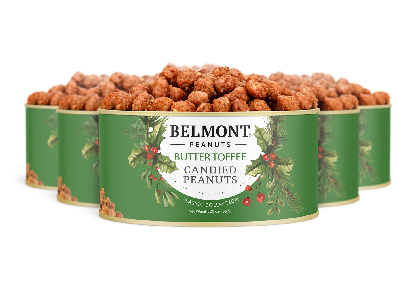 Six green tins in the Belmont 20 oz. 6-Pack Holiday Butter Toffee Peanuts feature festive labels with holiday greenery and red berries, hinting at the sweet, candy-coated Butter Toffee Peanuts inside.