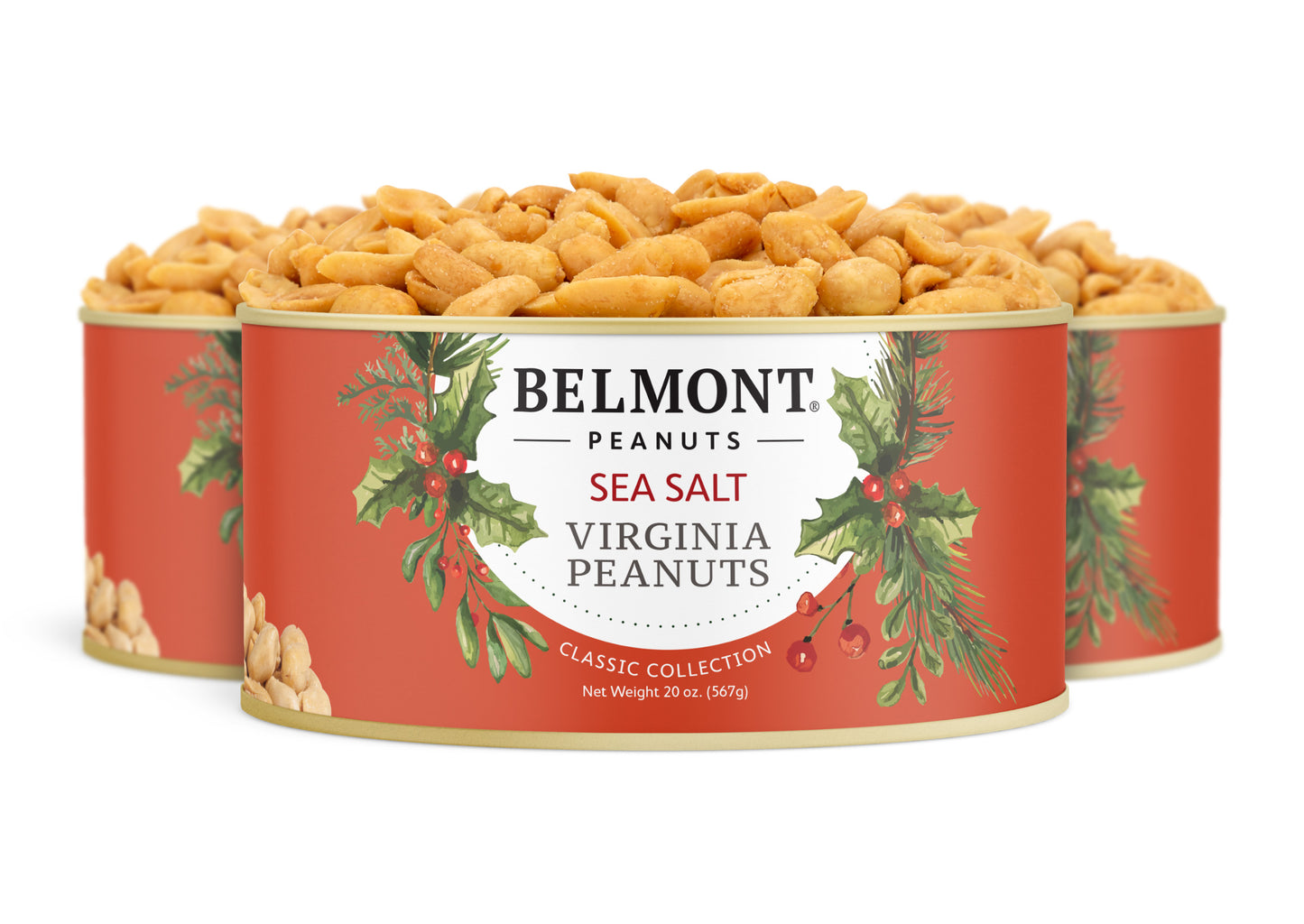 Three Belmont 20 oz. 3-Pack Holiday Sea Salt Peanuts cans, decorated with festive greenery and berries, are filled with gourmet peanuts and displayed in a cheerful triangular arrangement.