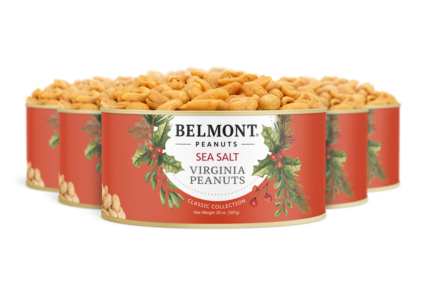 The Belmont 20 oz. 6-Pack Holiday Sea Salt Peanuts features festive holiday-themed labels and is filled to the top with gourmet Virginia peanuts in a tasty Sea Salt flavor.