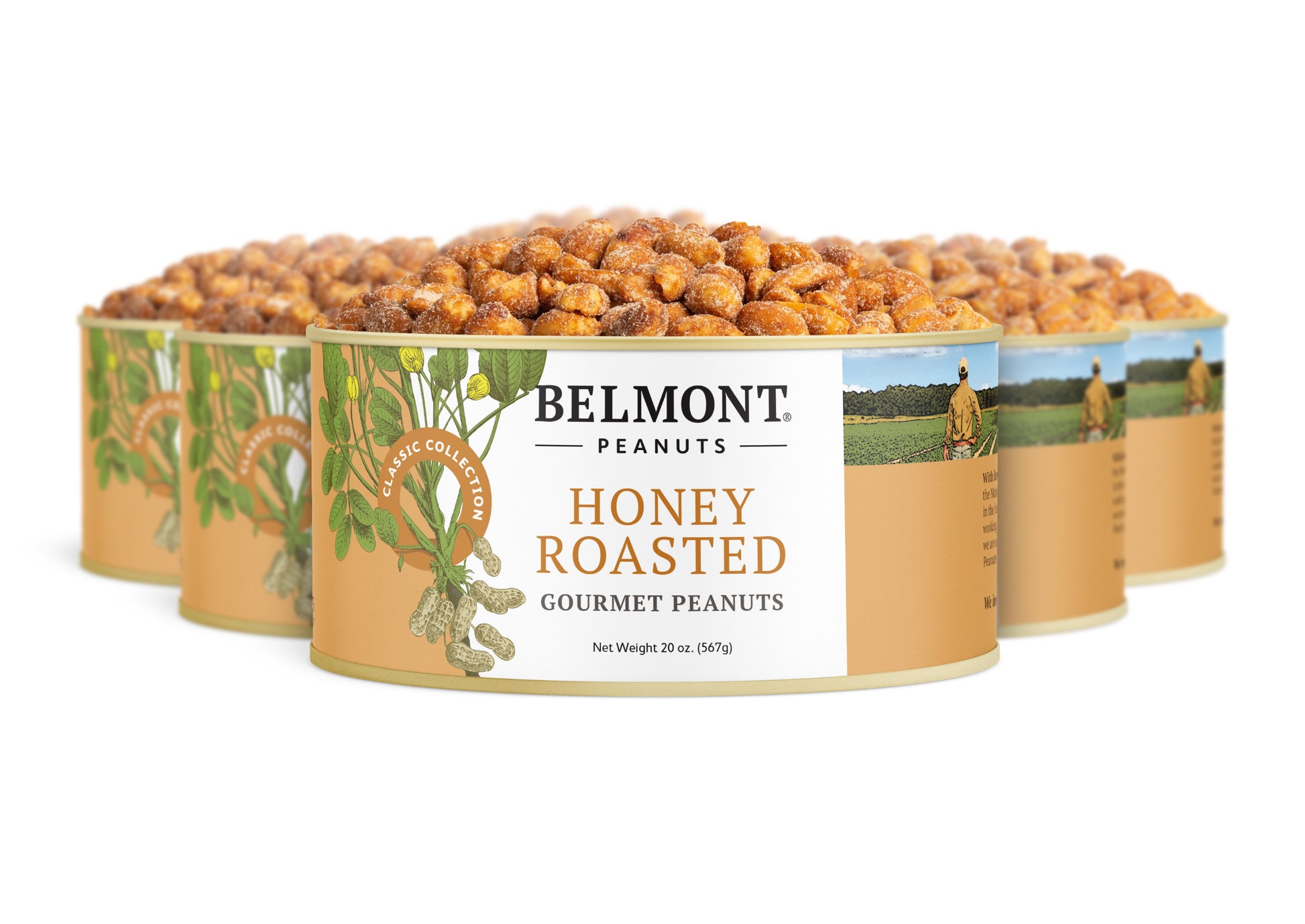 Four cans of Honey Roasted peanuts are displayed, each filled with jumbo peanuts. The labels show green peanut plants and a farmer standing in a field.
