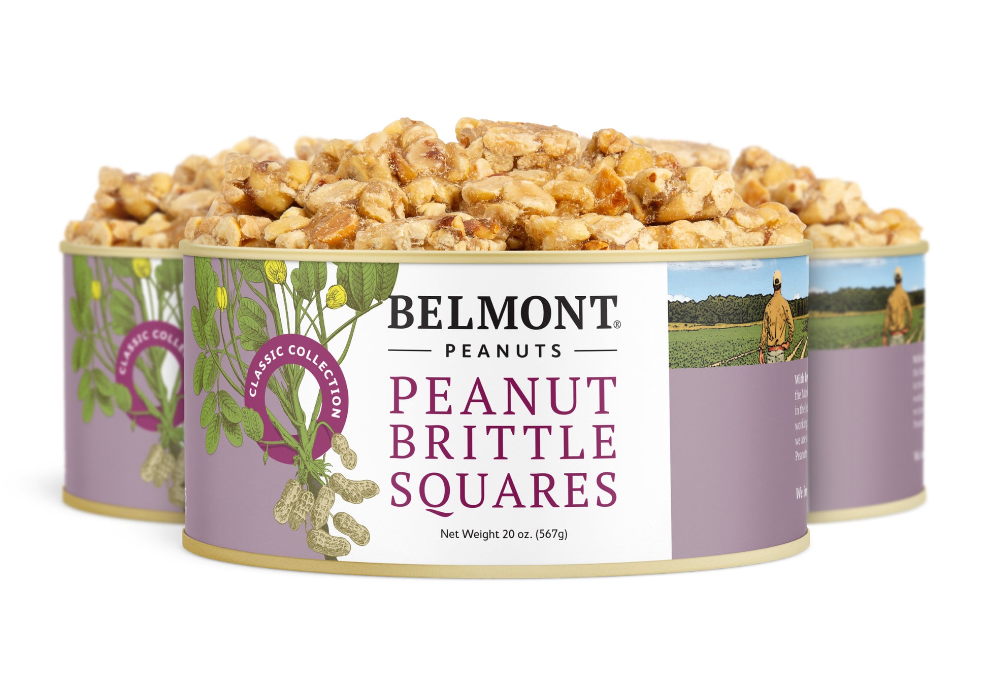 Three tins of Peanut Brittle Squares, each with a light purple label showing peanuts, a farmer, and bold product name, are filled with tasty bite-size candy pieces for a sweet snack.