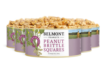 Four tins of Peanut Brittle Squares are arranged in a row, displaying clusters of sweet peanut brittle on top and a purple label featuring images of peanuts and a farm scene.