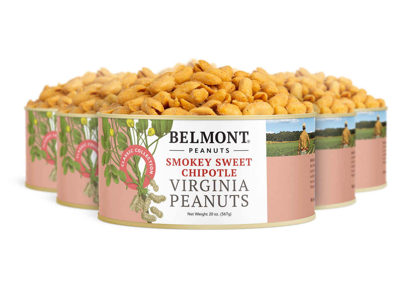 Three cans of Smokey Sweet Chipotle are stacked in a row. The pink and white labels with peanut and farmer images highlight these delicious, protein-packed snack peanuts.