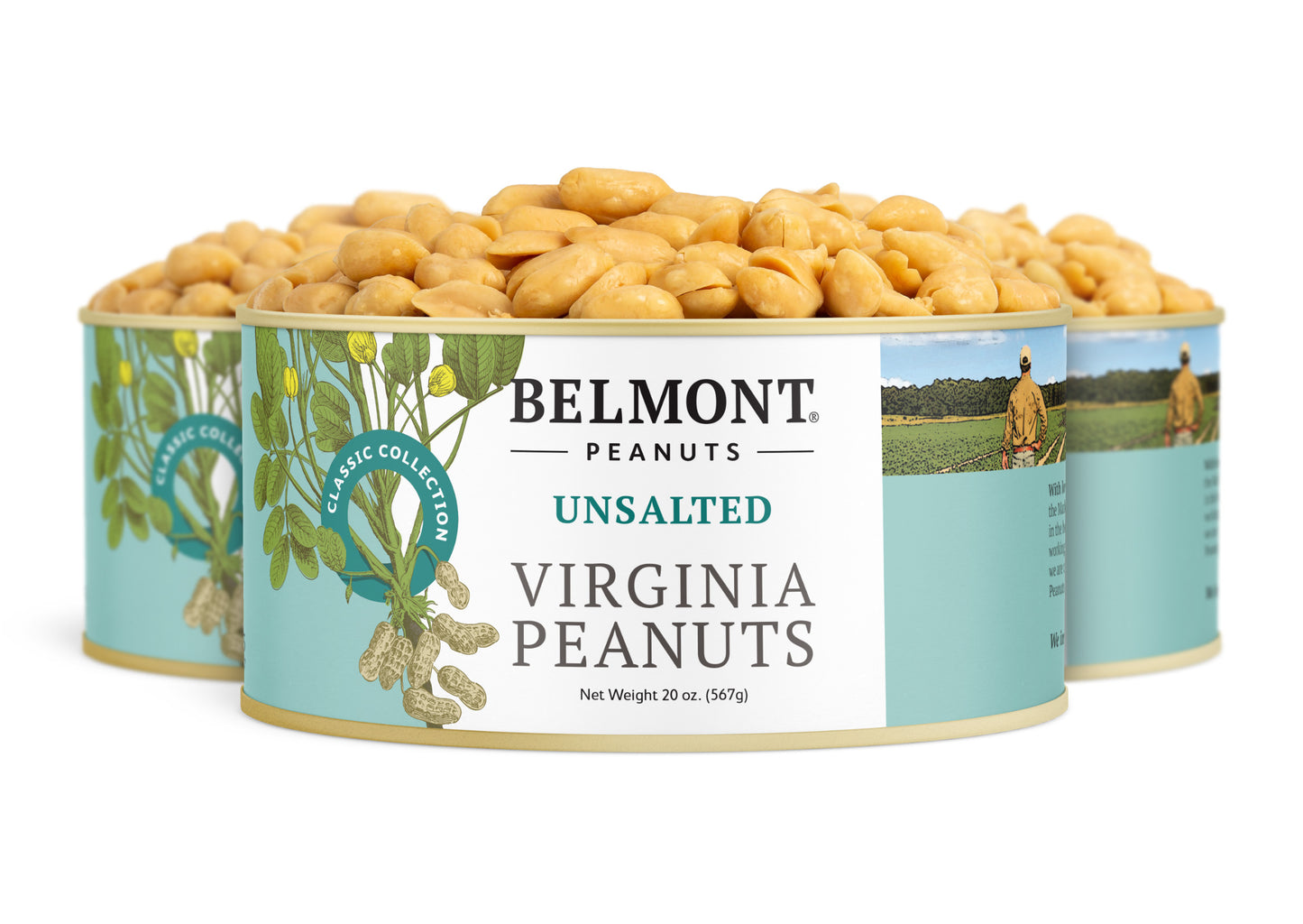 Three cans of Belmont Peanuts Unsalted are shown, each filled to the top with premium peanuts. The labels display peanut plants, a farmer in a field, and text emphasizing these no salt added snacks.