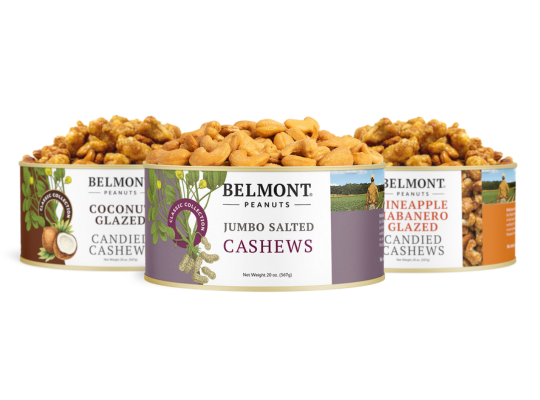 Three cans of the Cashew Sampler Pack—featuring Coconut Glazed, Jumbo Salted, and Pineapple Habanero Glazed cashews—are arranged side by side, showcasing their vibrant labels and enticing candied nuts inside.