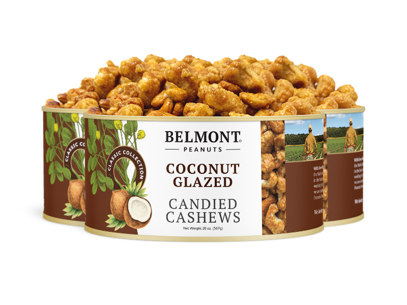 A round tin of Coconut Glazed Candied Cashews features premium cashews in a coconut glaze. The packaging shows cashews, coconuts, and a picturesque farm scene.