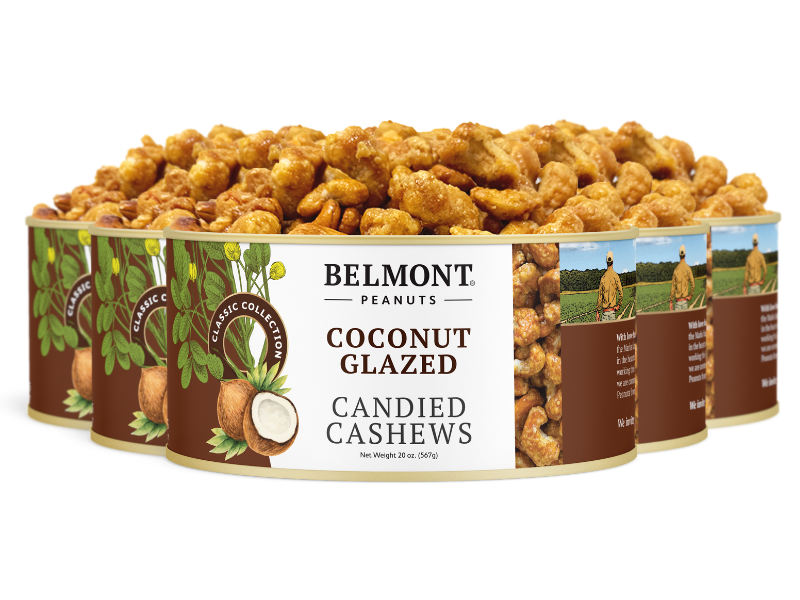 Five cans of Coconut Glazed Candied Cashews are lined up, displaying the premium candied cashews and a label adorned with coconut and cashew illustrations.