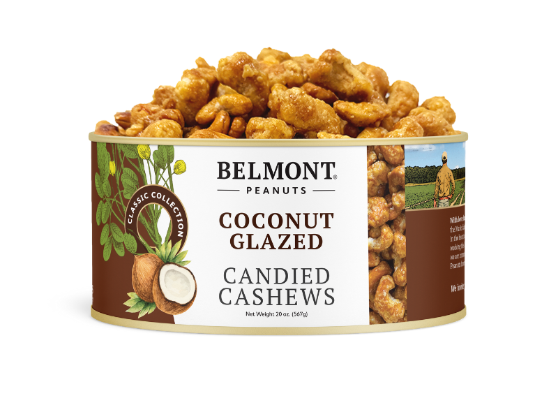 A can from the Cashew Sampler Pack, decorated with images of cashews, coconuts, and a farmer, overflows with delicious candied cashews—an ideal addition to any collection.