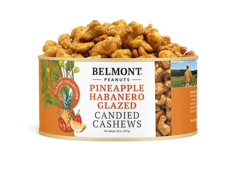 A can from the Cashew Sampler Pack features Belmont Peanuts Pineapple Habanero Glazed Candied Cashews with pineapple, habanero, and cashew images on an orange label—a sweet and spicy treat perfect for cashew lovers.