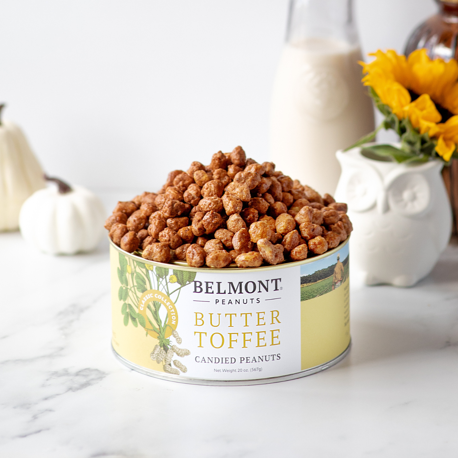 A tin of Butter Toffee peanuts spills onto a white surface, accompanied by a bottle of milk, a ceramic owl, a sunflower, and white gourds in the background.