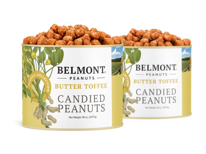 Two cans of Butter Toffee peanuts with open lids reveal nuts coated in sweet buttery candy. The yellow and white labels feature enticing images of peanuts and product details.