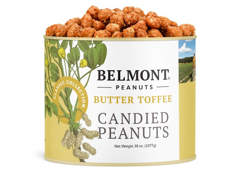 A can of Butter Toffee, labeled “Classic Collection,” displays peanuts and a field image on the label; opening it reveals sweet, buttery candy-coated nuts inside.