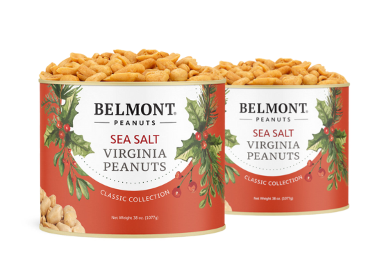 Two cans of Holiday Sea Salt Peanuts with festive labels decorated with holly, each filled to the top with gourmet Virginia peanuts. The cans are part of the Classic Collection.
