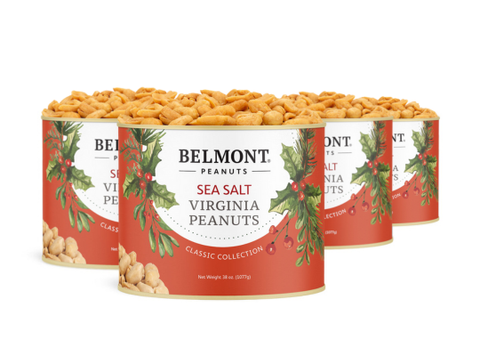 Enjoy four tins of Belmont 38 oz. Holiday Sea Salt Peanuts, each with a festive holly label, filled with gourmet Virginia peanuts from the Classic Collection.