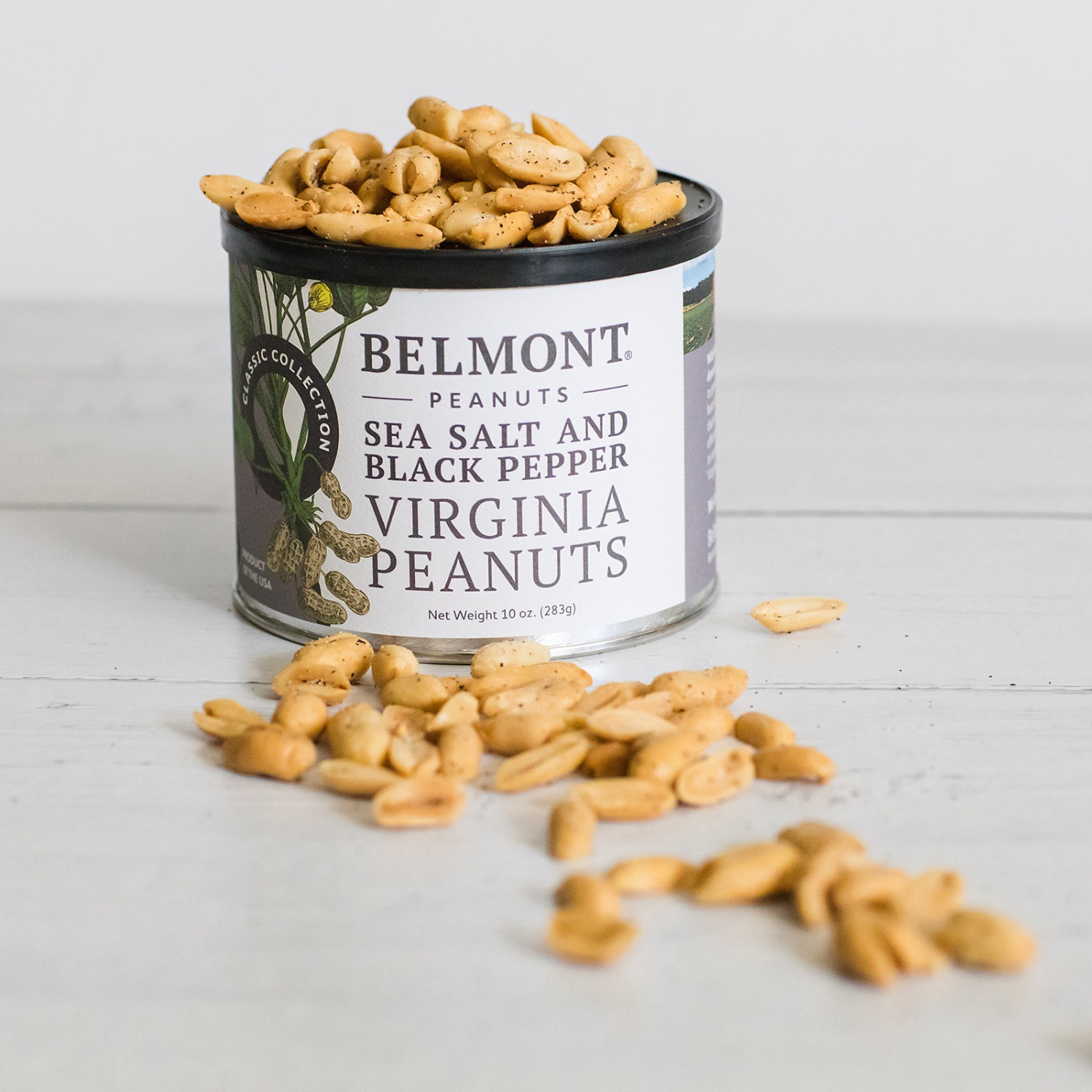 A can of Sea Salt & Black Pepper peanuts sits on a white surface, with seasoned peanuts spilling out in front of it.