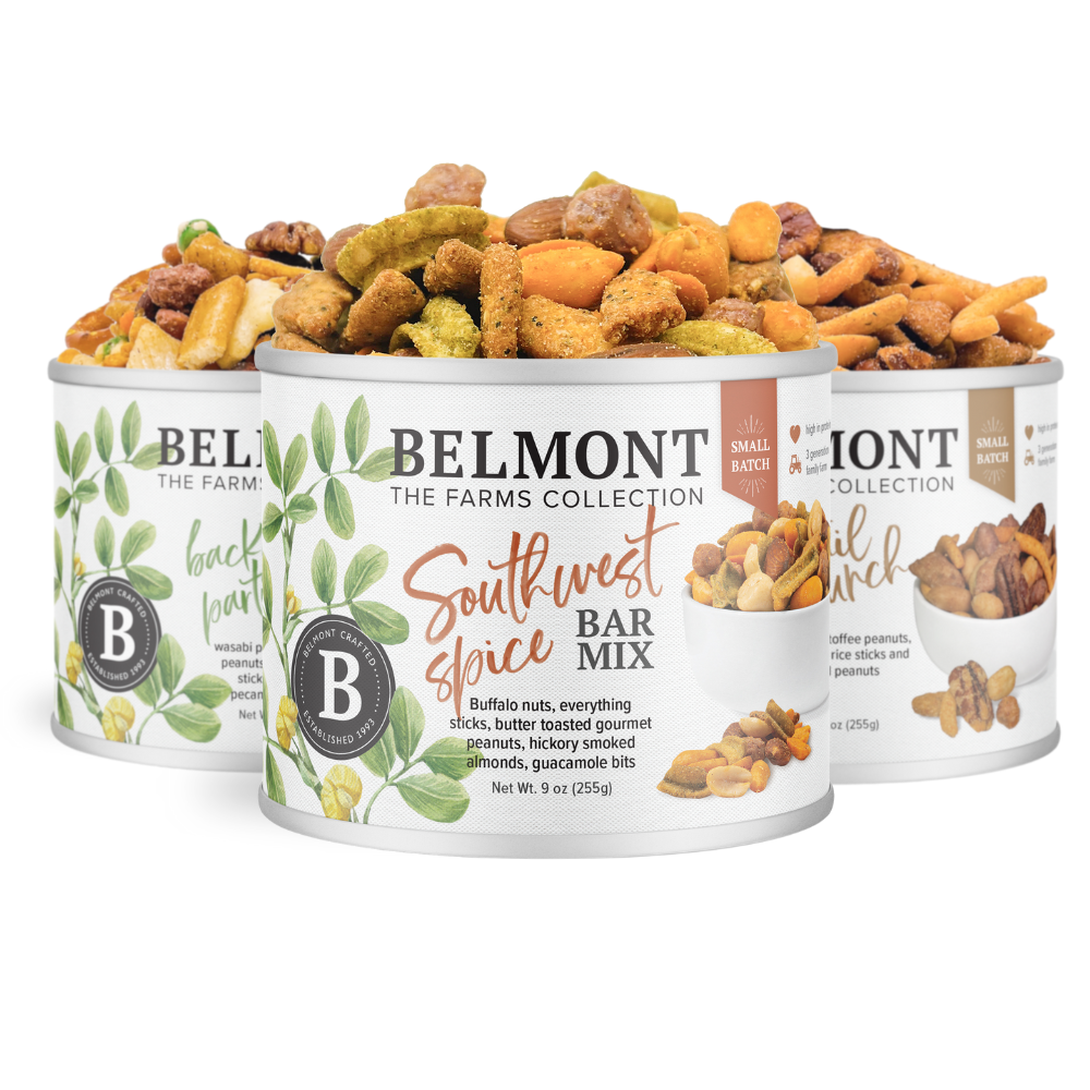 Three cans from the Bar Mix Sampler Pack are arranged with the Southwest Spice Bar Mix in front, filled with seasoned nuts and snacks. The cans have leafy designs and clear labels—perfect for your own cocktail crunch.