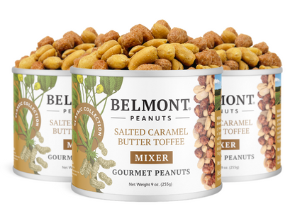 Three cans of Salted Caramel Butter Toffee Mixer are shown, each filled with coated peanuts. The cans are labeled “Mixer” and display nut and peanut illustrations on the sides.