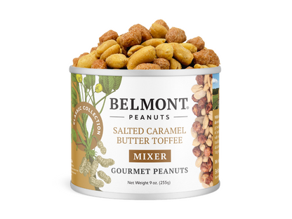 A can of Salted Caramel Butter Toffee Mixer, made with Virginia peanuts. The label shows images of peanuts and a peanut plant; inside are coated peanuts. Net weight: 9 oz (255g).