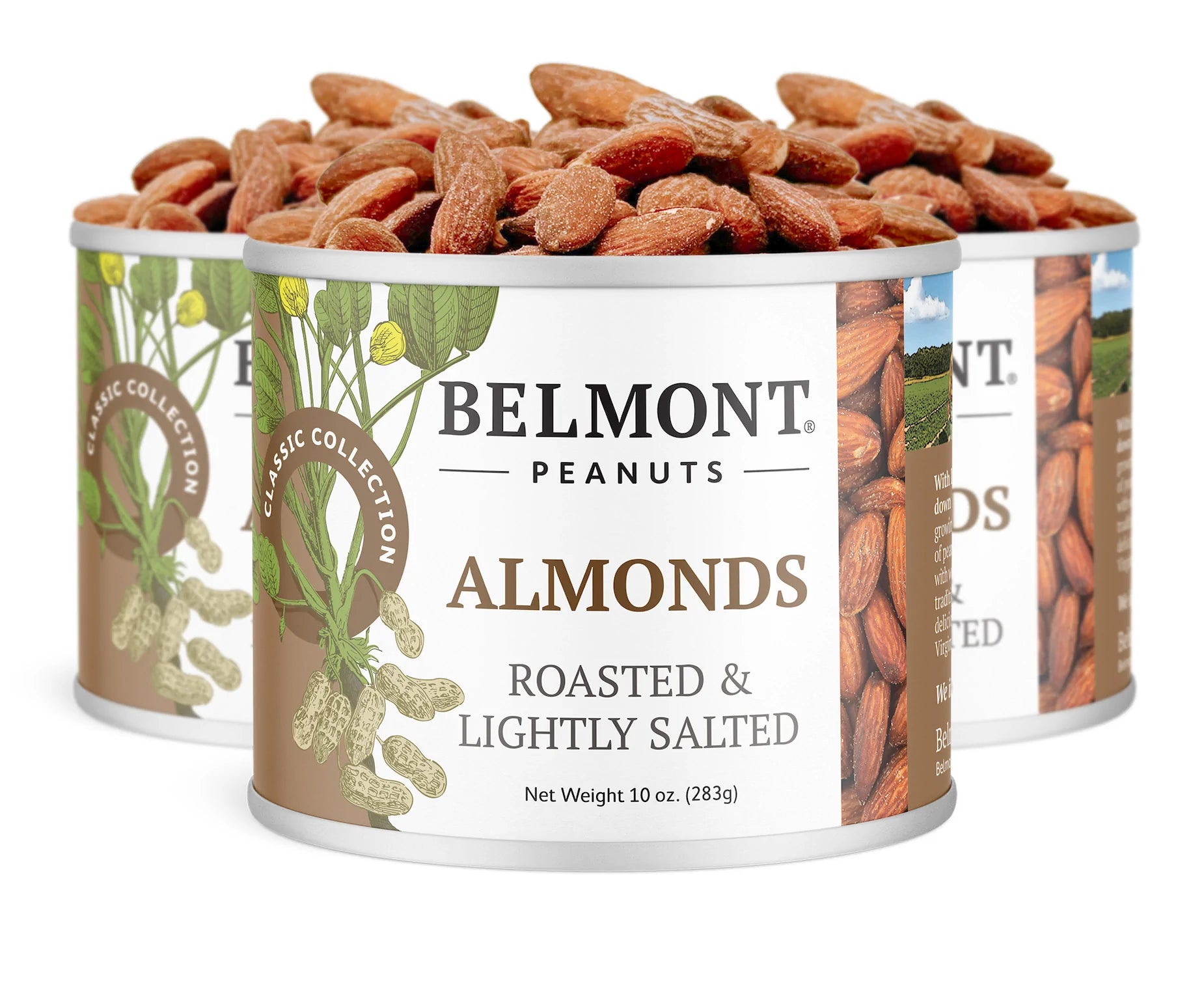 Three cans of Belmont Almonds Roasted & Lightly Salted, filled with whole roasted almonds—the perfect snack—come in cans featuring almond illustrations on a clean white background.