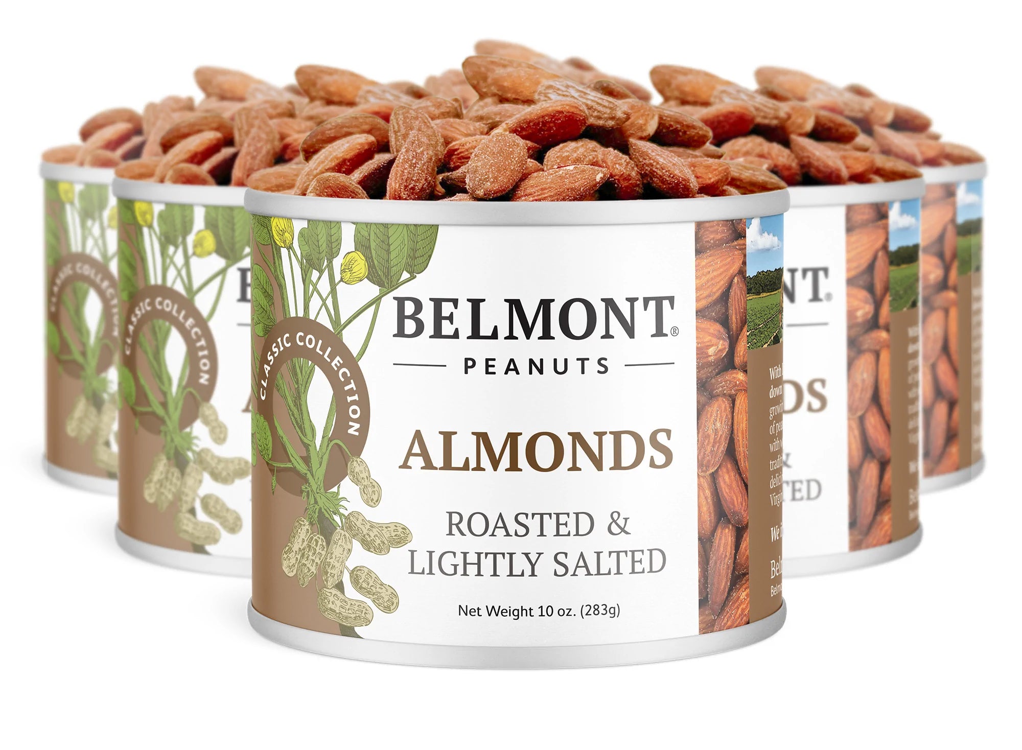 Five cans of Belmont Peanuts Almonds are grouped together. Each can’s label features a peanut plant illustration and clearly states "roasted and lightly salted almonds" on the front.