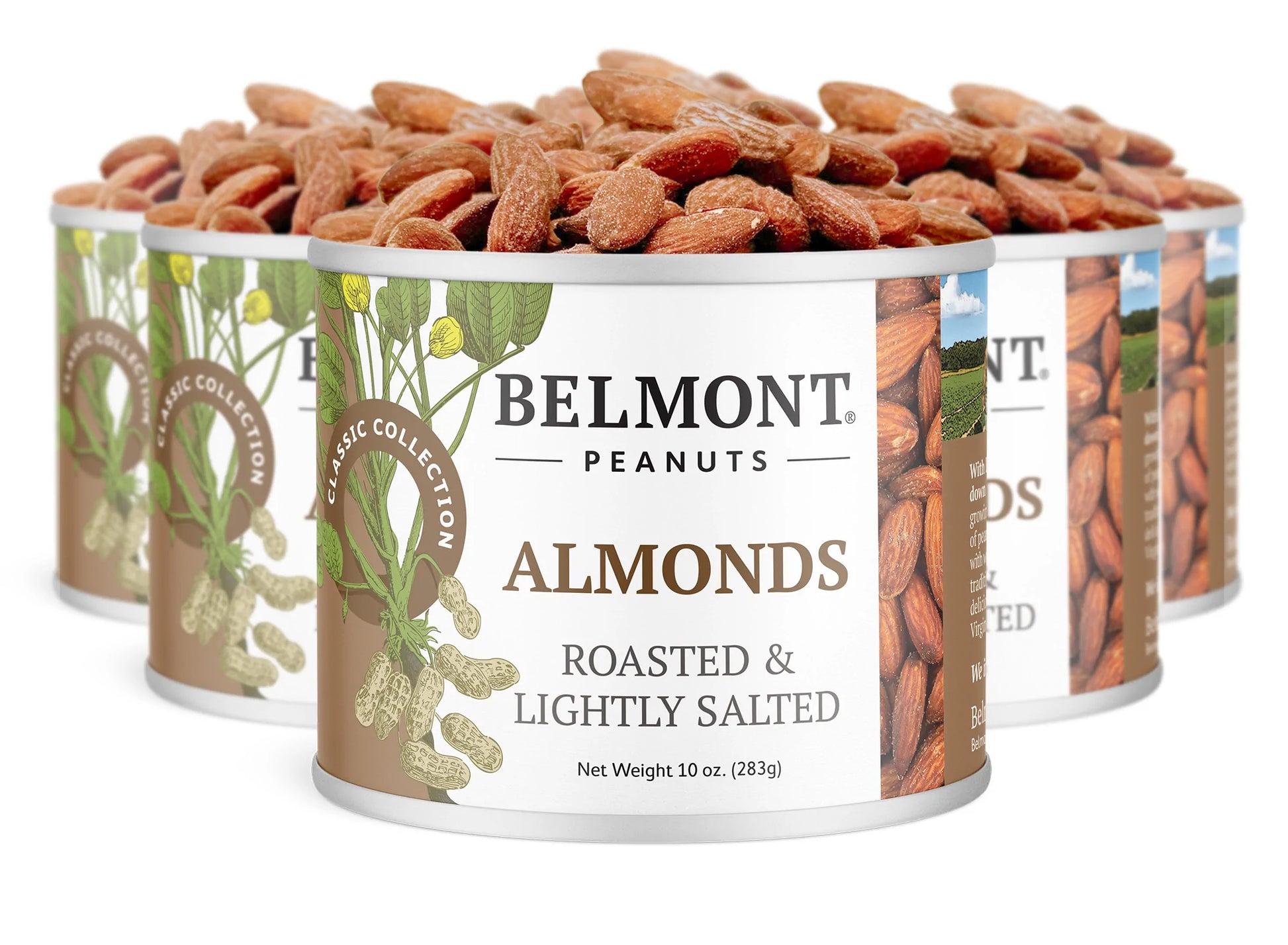 Five cans of Belmont Peanuts Almonds are grouped together. Each can’s label features a peanut plant illustration and clearly states "roasted and lightly salted almonds" on the front.