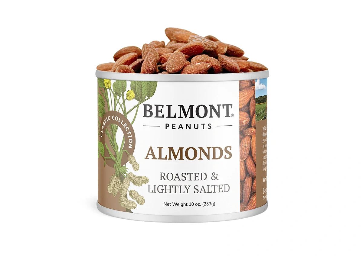 A can of Belmont Peanuts Almonds, labeled Roasted & Lightly Salted, with almonds overflowing from the top. The label displays images of peanuts and almond illustrations.