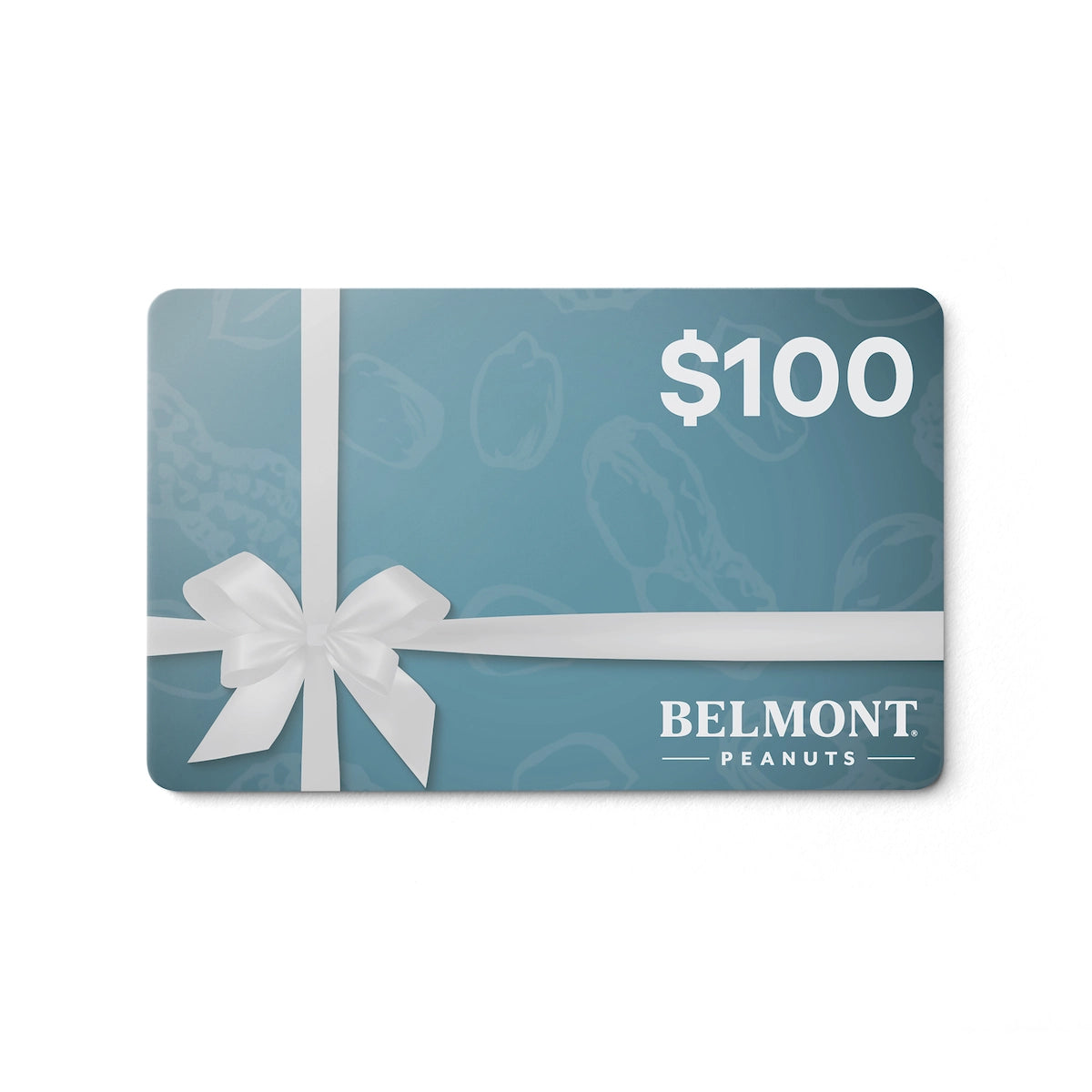 The Belmont Peanuts Digital Gift Card ($100) features a white ribbon and bow on a blue background with subtle peanut illustrations and the Belmont Peanuts logo—ideal for online purchases or as a digital gift for any occasion.